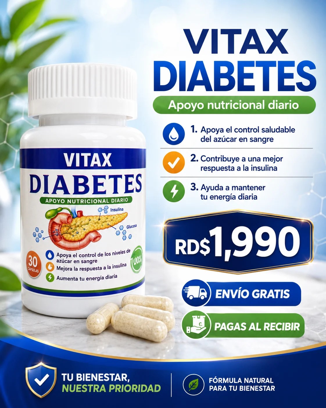Suplemento natural Diabetes, RD$1,990 con envío gratis
